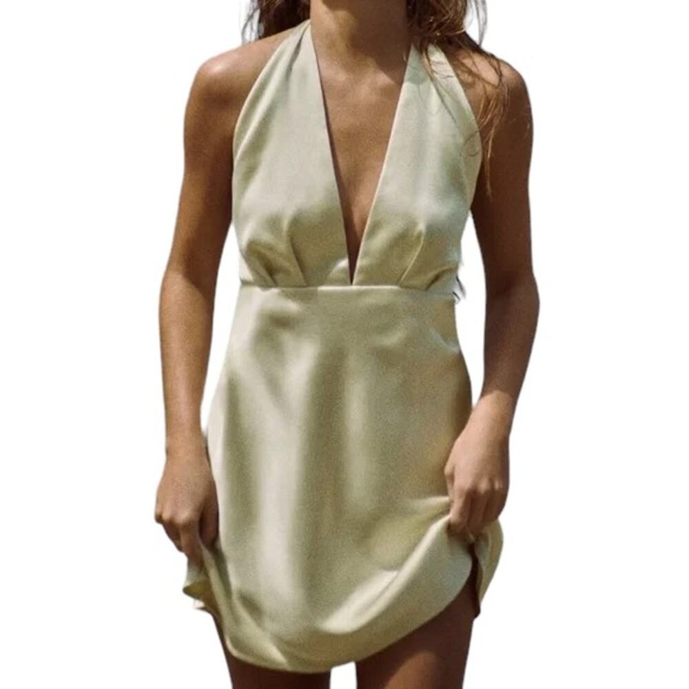 NWT ZARA Satin Effect Mini Dress in Pearl Green  Halter tie Open back  SZ M